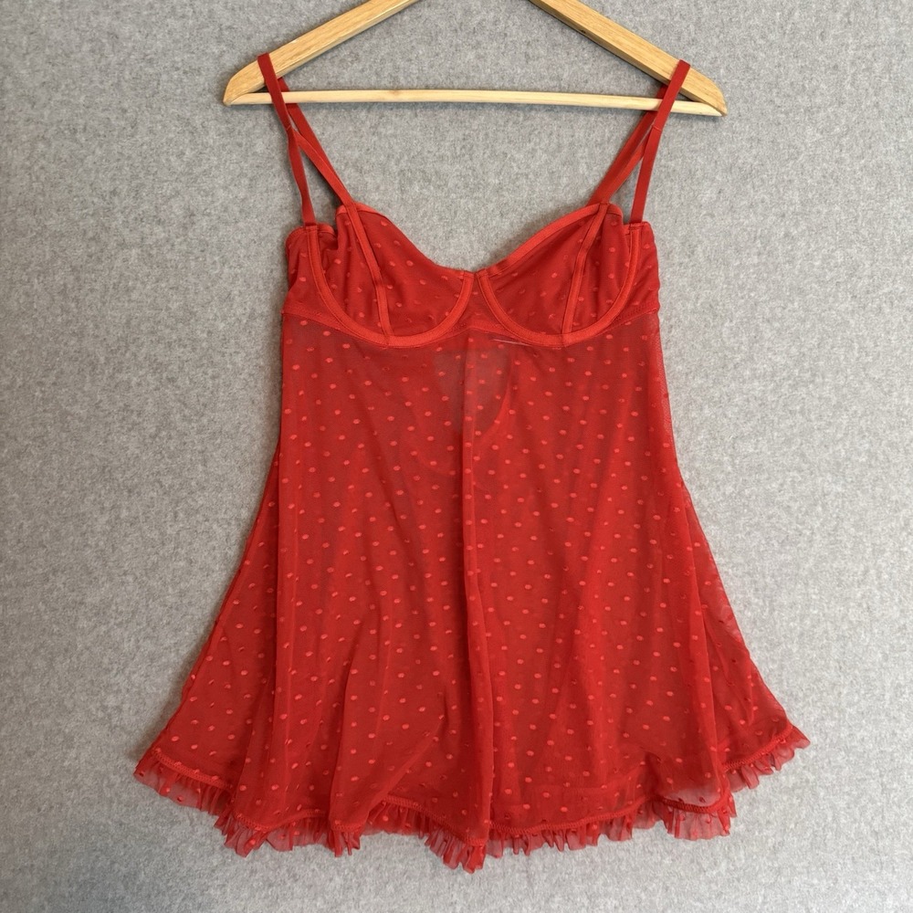 Adore Me Sz Small Babydoll Lingerie Nighty Dress Red Dots Ruffle Slip - No Panty